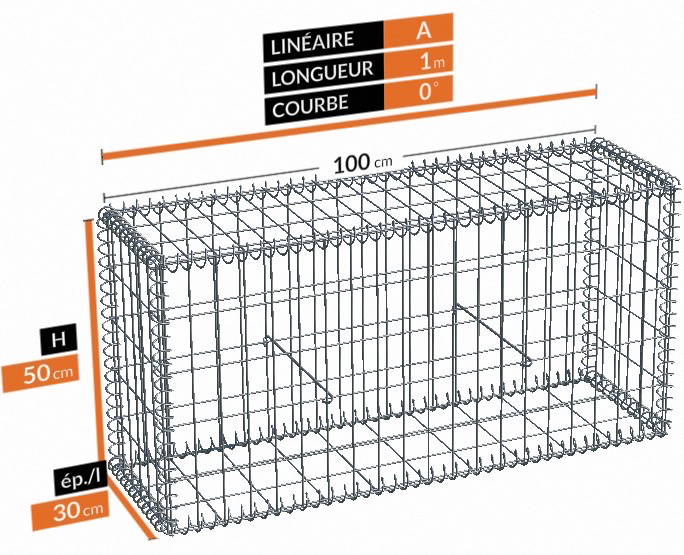 Gabion - Lg.100xEp.30xH.50 maille 100x50 fil Ø4.5 Zinc/alu (Qté rem.270kg)