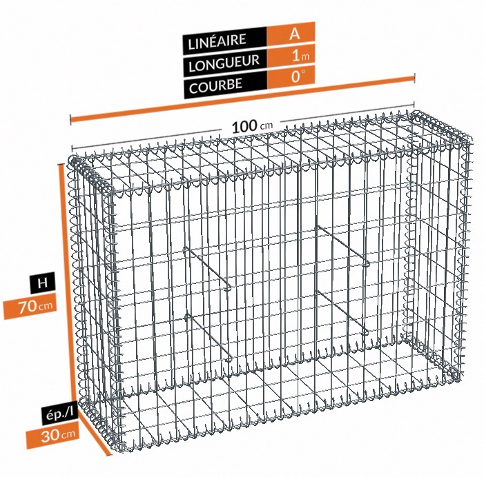 Gabion - Lg.100xEp.30xH.70 maille 100x50 fil Ø4.5 Zinc/alu (Qté rem.380kg)