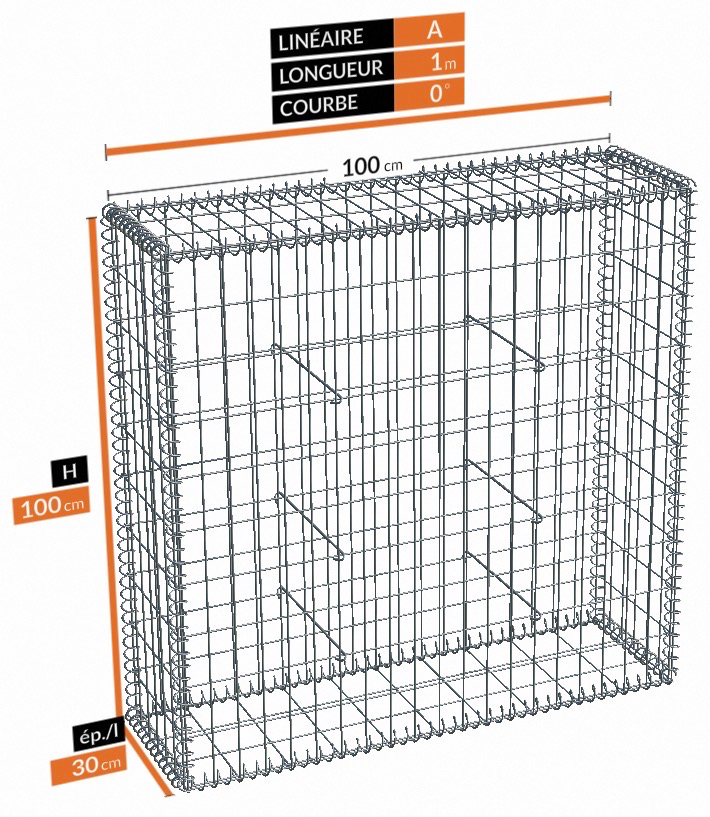 Gabion - Lg.100xEp.30xH.100 maille 100x50 fil Ø4.5 Zinc/alu (Qté rem.540kg)