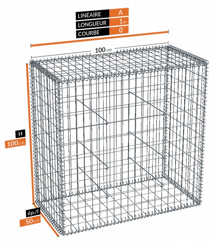 Gabion - Lg.100xEp.50xH.100 maille 100x50 fil Ø4.5 Zinc/alu (Qté rem.900kg)